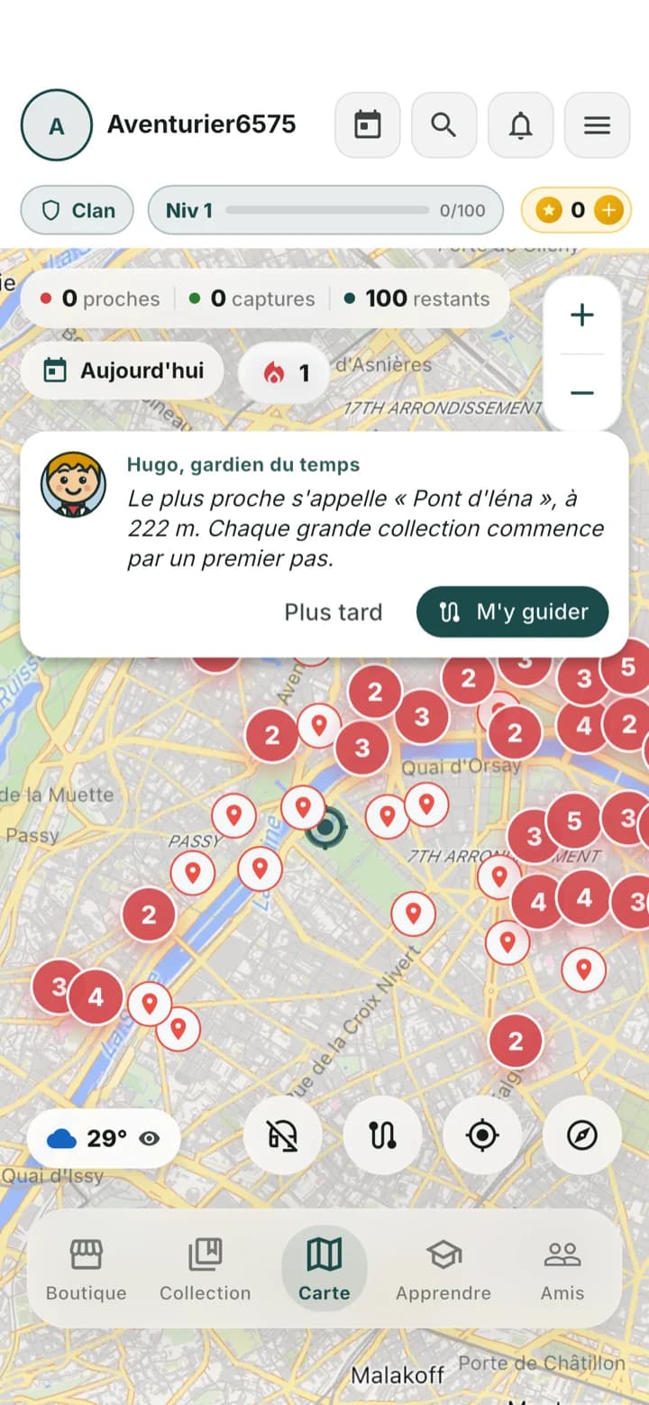 L'écran carte de MonuGo : les monuments de Paris épinglés autour de la Tour Eiffel, et Hugo qui conseille le pont d'Iéna