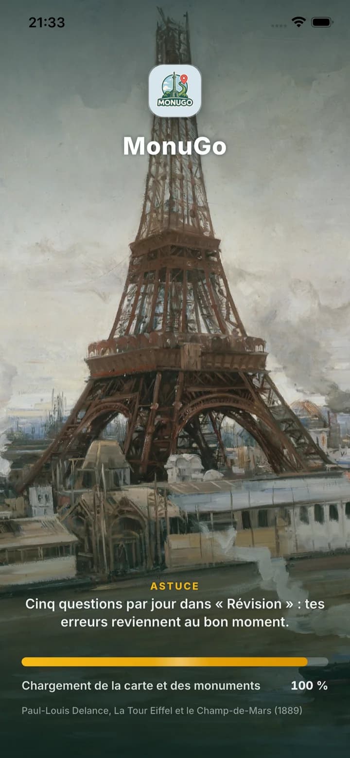 Écran d'ouverture de MonuGo : la Tour Eiffel peinte par Paul-Louis Delance en 1889, logo et barre de chargement dorée