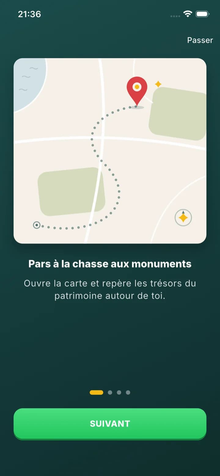 Premier écran d'accueil de MonuGo : « Pars à la chasse aux monuments »