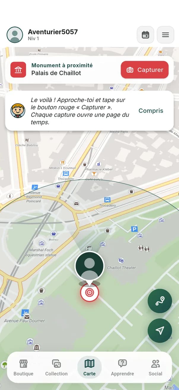La carte de MonuGo au Trocadéro : Hugo annonce qu'un monument est à portée, et un bandeau en haut propose de capturer le Palais de Chaillot