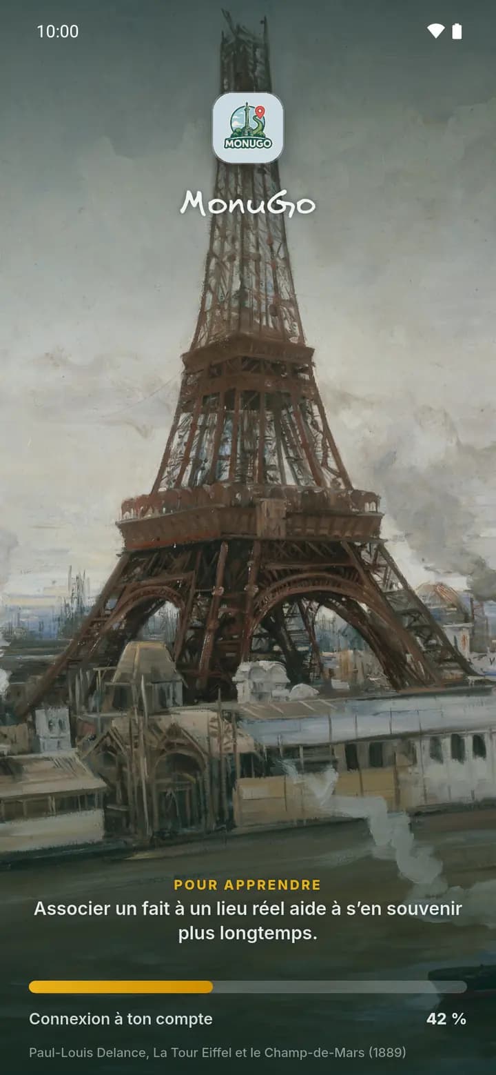 Écran d'ouverture de MonuGo : la Tour Eiffel peinte par Paul-Louis Delance en 1889, logo et barre de chargement dorée